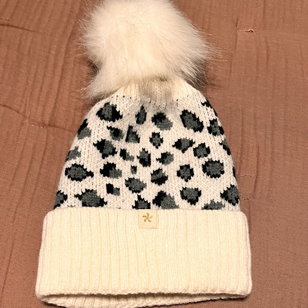 NEW White Leopard Print Knit Beanie with Pom Pom